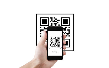 Poster - QR code scanning payment and verification. Hand using mobile smart phone scan QR code, isolated on white background