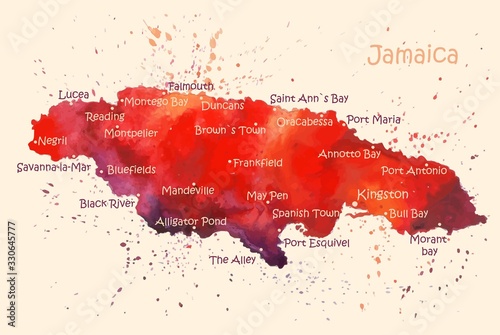 Photographie Watercolor map of Jamaica island with localities