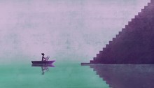 Woman On A Boat Going To The Stairs, Painting Artwork
