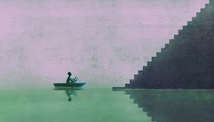 man on a boat going to the stairs, painting artwork