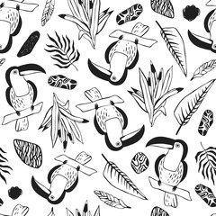 Wall Mural - Tropical seamless pattern with toucans. Vector background.