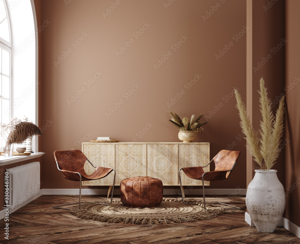 Home interior with ethnic boho decoration, living room in brown warm color, 3d render - obrazy, fototapety, plakaty 