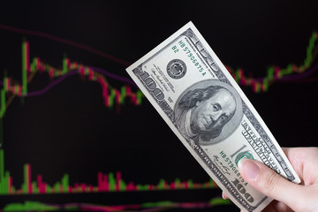 Hands holding dollars in front of a laptop monitor with a price chart.Forex and trading.A trader trades stocks,bonds and securities or currencies on the Forex market or stock exchange for us dollars.