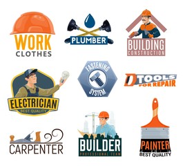 Wall Mural - Construction and repair tools vector icons. Electrician, plumber, painter and carpenter service emblems with builders, work tools and equipment, light bulb, paint brush and hard hat