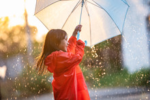Asian Children Spreading Umbrellas Playing In The Rain, She Is Wearing Rainwear.