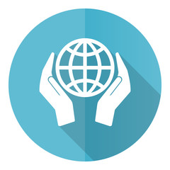 Poster - Hand care planet environment blue round flat design vector icon isolated on white background