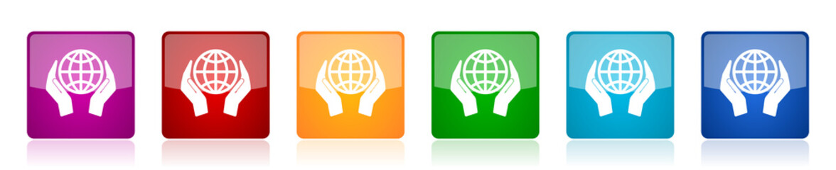 Poster - Hand care planet environment icon set, colorful square glossy vector illustrations in 6 options for web design and mobile applications