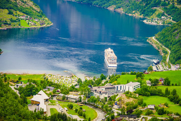 Sticker - Fjord Geirangerfjord with cruise ship, Norway.