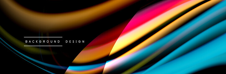 Сolorful flow poster. Wave liquid lines and shapes in black color background. Vector Illustration