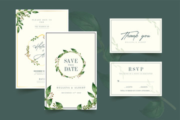 Wedding invitation and menu template with beautiful leaves Free Vector