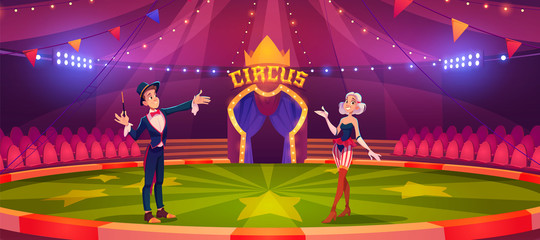 Wall Mural - Magician and woman on circus arena. Performance, carnival show on round stade inside of cirque tent. Vector cartoon illustration of circus artists, illusionist with magic wand and girl assistant