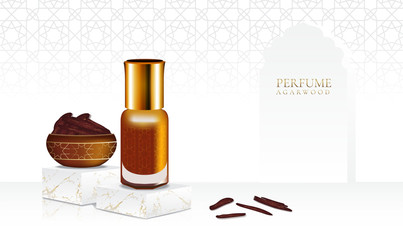 Perfume agarwood with isolate bottle and islamic pattern illustration