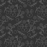 Fototapeta Kosmos - Outline seamless easter pattern, scandinavian style. Easter bunny on a floral background with eggs. Flat, cartoon, retro style, stock illustration for web, print, postcard, invitation, wallpaper.