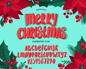 Poster - Christmas font. Holiday typography alphabet with festive illustrations and season wishes.