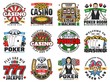 Casino roulette, poker and slot machine icons vector design. Gambling game chips, dice and play cards, wheel of fortune, jackpot 777 and money coins, lucky horseshoe, croupier and joker symbols