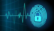 Fingerprint HUD Closed Padlock On Digital Background, EKG Wave Cyber Security