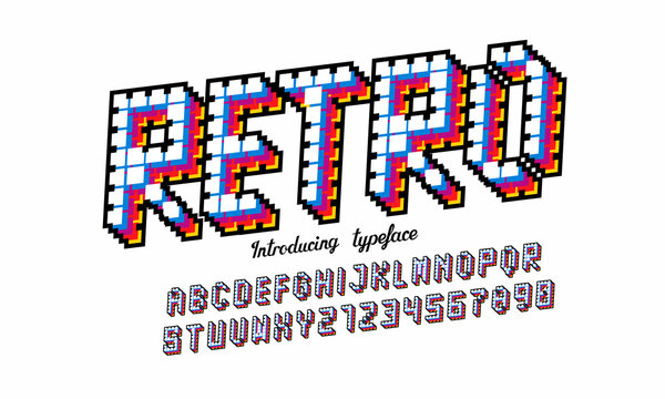 Pixel retro font Video computer game design 8 bit letters and numbers Electronic futuristic style Vector abc