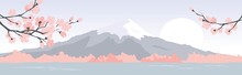 Abstract Landscape With Mount Fuji / Vector Illustration, Narrow Background, Blooming Sakura, Japanese Landscape