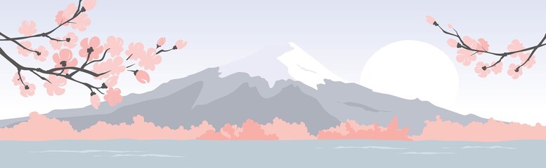 Abstract landscape with mount fuji / Vector illustration, narrow background, blooming sakura, japanese landscape