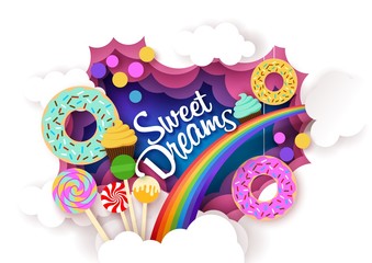 Sweet dreams, vector illustration in paper art craft style