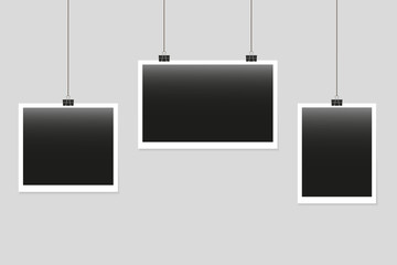 Poster - Photo frames isolated on the grey background. Picture and foto frame hanging on a clips. Blank photos frames hanged on wall for memory. Vintage snapshots with clips. Album painting images. Vector