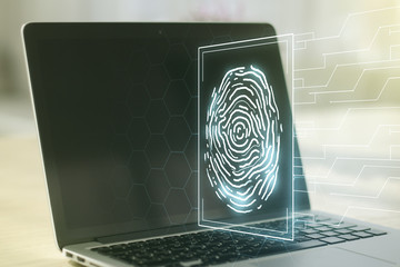 Fototapete - Double exposure of abstract creative fingerprint hologram on computer background, protection of personal information concept