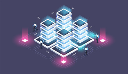 Wall Mural - Big data flow processing concept, cloud database. server room rack, data center isometric vector illustration.