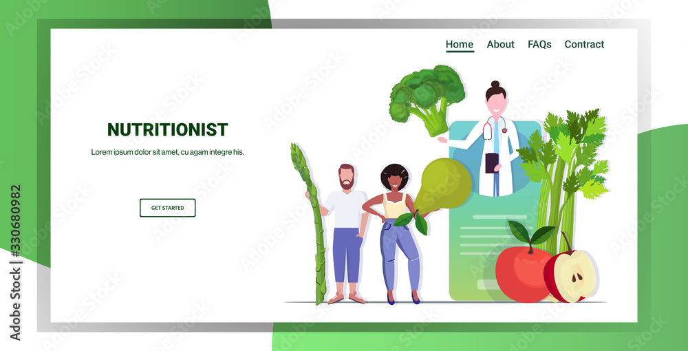 doctor nutritionist explaining to patients properties of fresh vegetables and fruits healthy lifestyle nutrition online medical consultation concept mobile app horizontal copy space full length vector - obrazy, fototapety, plakaty 