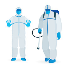 Disinfection Team. Persons In Viral Protective Suits. Specialists In Bio And Viral Hazard Protective Suits Vector Illustrations Set. Virus Attention And Disinfection Concept. 