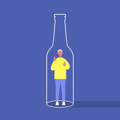 Alcohol and addiction, Young male character trapped inside a bottle, health problems