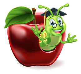 Canvas Print - A caterpillar book worm cute cartoon character education mascot coming out of an apple wearing graduation hat and glasses