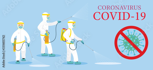Cuadros en Lienzo People in Protective Suit or Clothing, Spray to Cleaning and Disinfect Covid-19