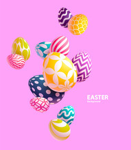 Composition Of 3D Easter Eggs. Holiday Background.	