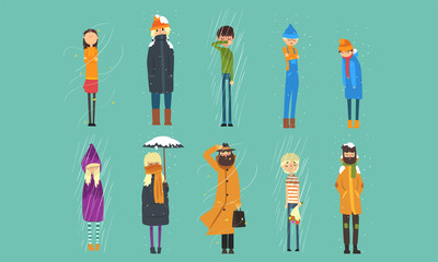 Sticker - People in Coats Freezing Outside on Cold, Rainy and Windy Day, Autumn and Winter Season Vector Illustration