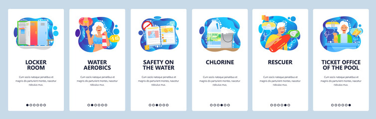 Swimming pool. locker room, rescuer, water aerobics, safety rules. Mobile app onboarding screens. Menu vector banner template for website and mobile development. Web site design illustration