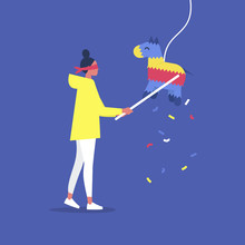 Young Blindfolded Character Hitting A Colourful Pinata With A Stick, Celebration Party