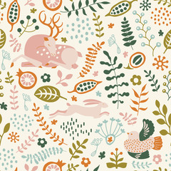 seamless pattern with nature ornament. Leaves, flowers, bird, deer and hare