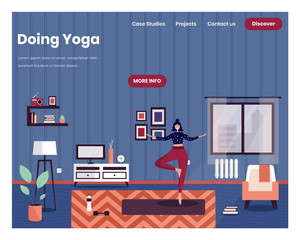 Vrksasana tree yoga pose. Woman doing yoga at home. Healthy lifestyle. Vector web site design template. Landing page website concept illustration.