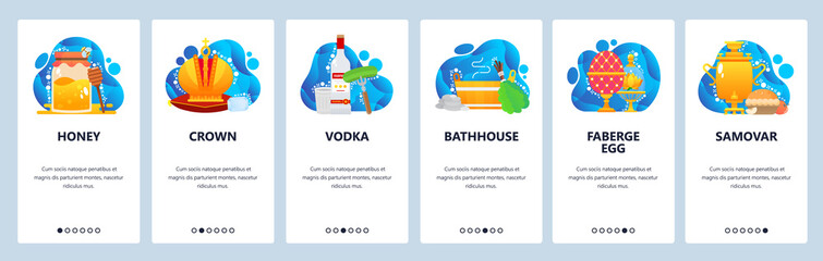 Russian traditional culture landmarks. Emperor crown, vodka, bathhouse, samovar. Mobile app screens. Vector banner template for website and mobile development. Web site design illustration