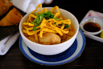 Wall Mural - Khao soi or khao soy is a Chin Haw dish served widely in Myanmar, Laos and northern Thailand