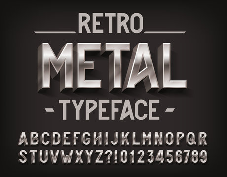 Retro Metal alphabet font. 3D metallic letters and numbers. Stock vector typescript for your design.