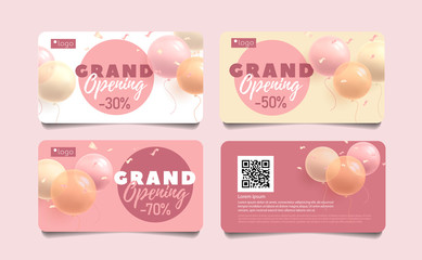 Set of discount cards for grand opening, round shape balloons 3d vector illustration and typography, pink girlish pastel gentle style