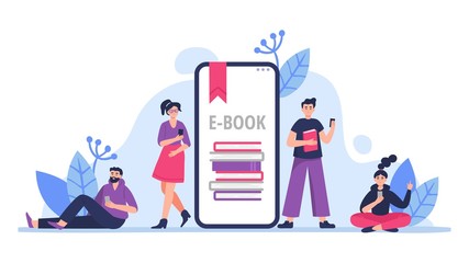 Fototapete - People study and read books on their phones. E-book concept in Flat Vector illustration style with many elements.