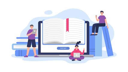 Fototapete - Illustration on e-book theme. Cute people study and read books on phones, laptops, computers and tablets. Flat Vector can be used by libraries, apps, landing pages, stores, schools or e-commerce.