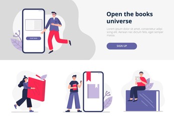 Fototapete - Set of banners on e-books and reading themes. People study online, read paper or electronic books. Vector illustration in flat style can be used by libraries, apps, landings, schools or e-commerce.