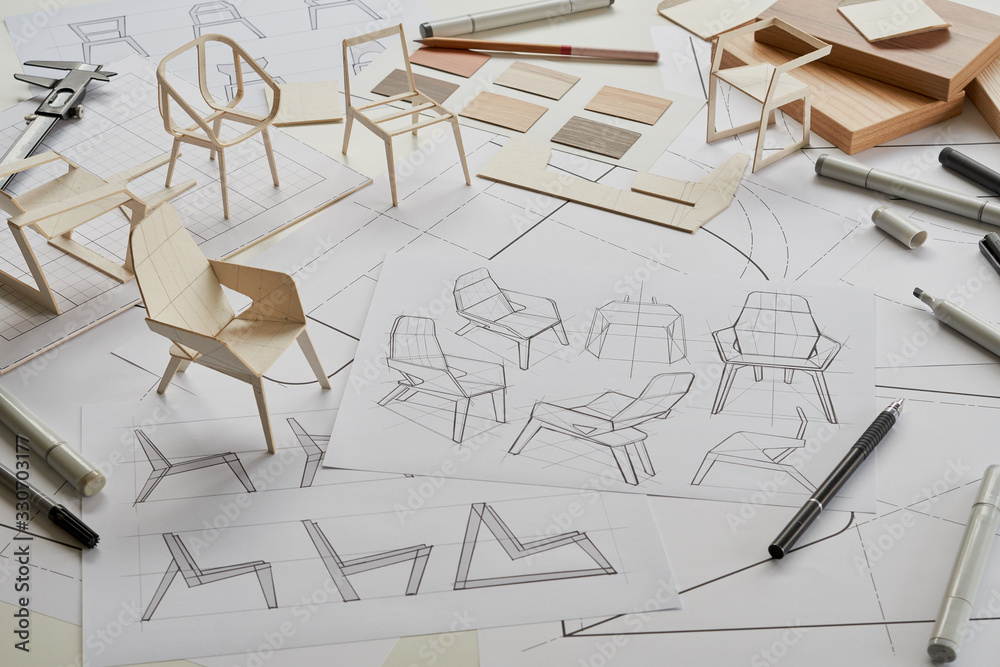 Designer sketching drawing design development product plan draft chair armchair Wingback Interior furniture prototype manufacturing production. designer studio concept . - obrazy, fototapety, plakaty 