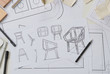 © Chaosamran_Studio - Designer sketching drawing design development product plan draft chair armchair Wingback Interior furniture prototype manufacturing production. designer studio concept .