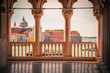 First floor arcade and balcony of the Doge Palace or Palazzo Ducale with a view on the lagoon in Venice Italy