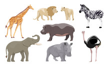 African Animals Set. Elephant, Lion And Lioness, Zebra, Ostrich, Hippo, Rhino And Giraffe. Animals Of The Savannah. Vector Collection