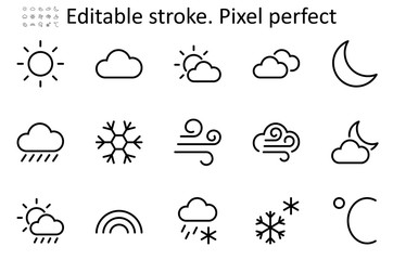 Set of Weather vector line icons. Contains symbols of the sun, clouds, snowflakes, wind, rainbow, moon and much more. Editable Stroke. 48x48 Pixel Perfect